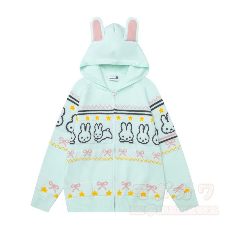 High Quality Sweet Rabbit Print Ear Hooded Zip Up Knit Cardigan - image 6