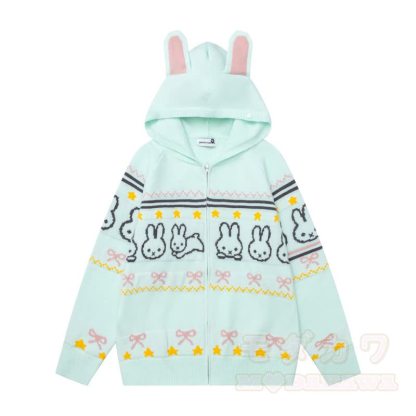 High Quality Sweet Rabbit Print Ear Hooded Zip Up Knit Cardigan - image 6