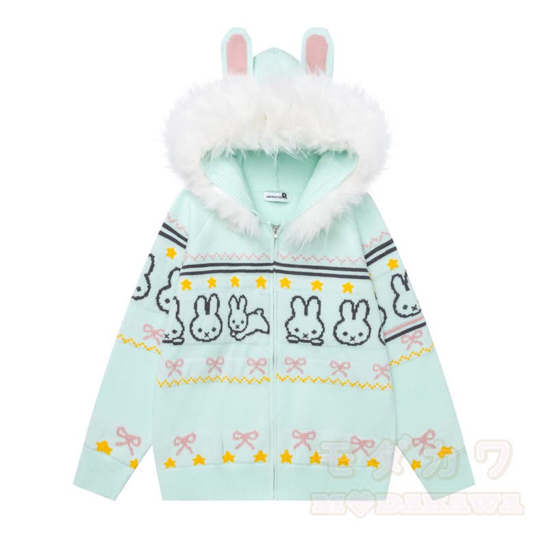 High Quality Sweet Rabbit Print Ear Hooded Zip Up Knit Cardigan - Green - XL - image 5