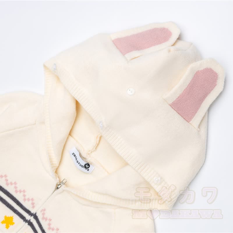 High Quality Sweet Rabbit Print Ear Hooded Zip Up Knit Cardigan - image 11