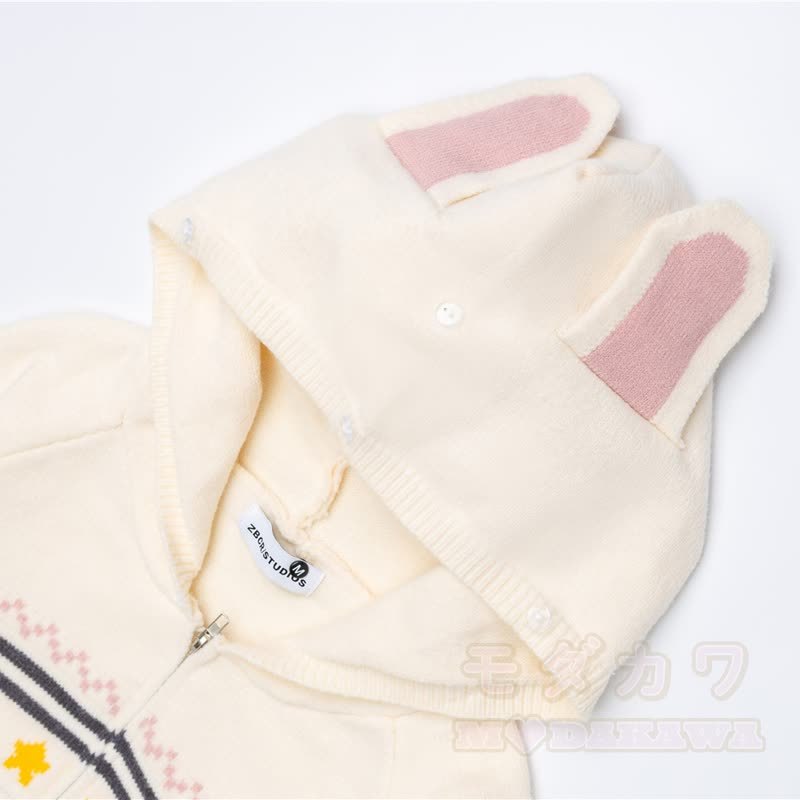 High Quality Sweet Rabbit Print Ear Hooded Zip Up Knit Cardigan - image 11