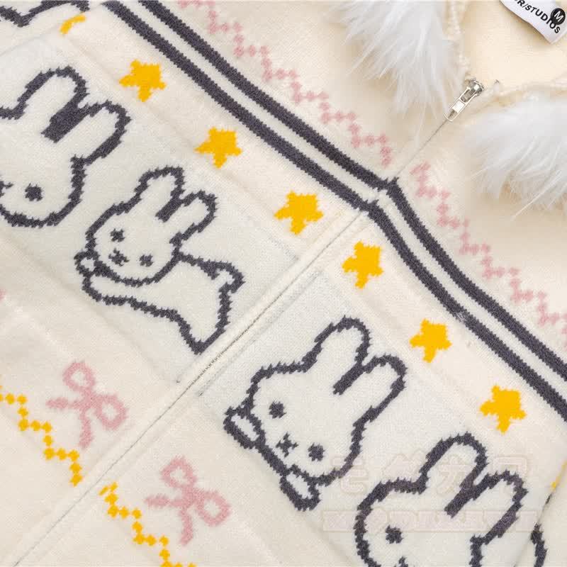 High Quality Sweet Rabbit Print Ear Hooded Zip Up Knit Cardigan - image 12