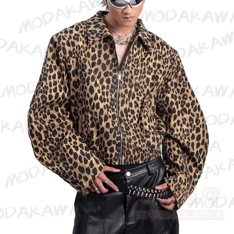 Vintage Leopard Print Loose Zip Up Jacket - Leopard - 3XL - image 1