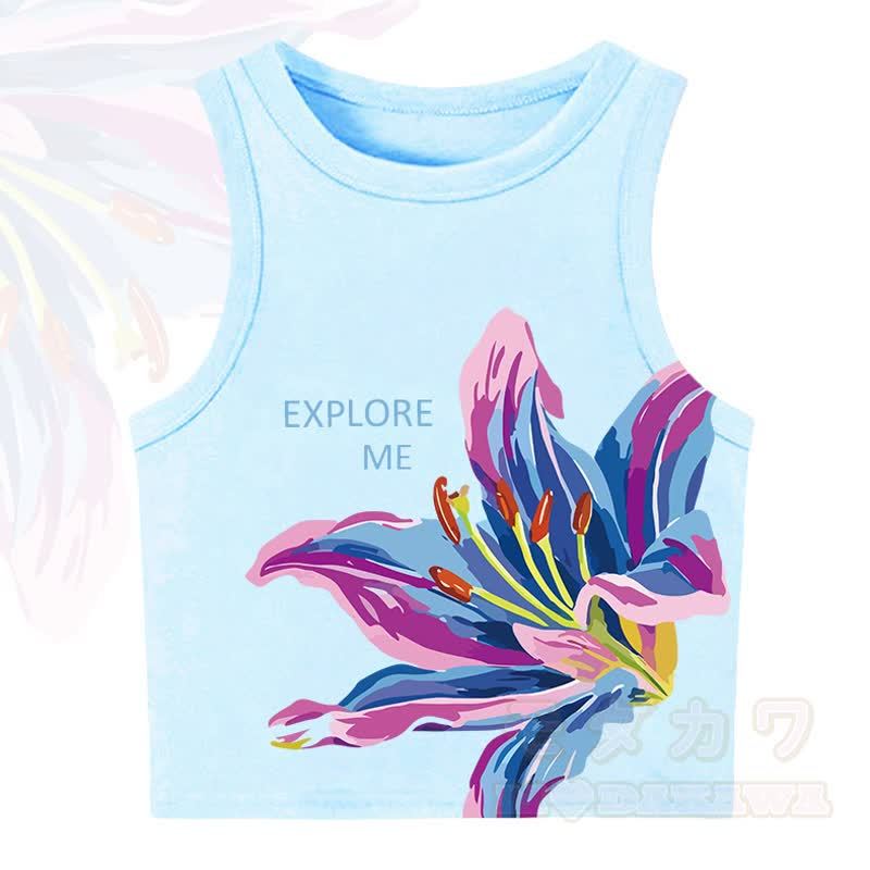 MODAKAWA EXPLORE ME Flower Print Casual Cropped Tank Top - Blue - XL - image 5