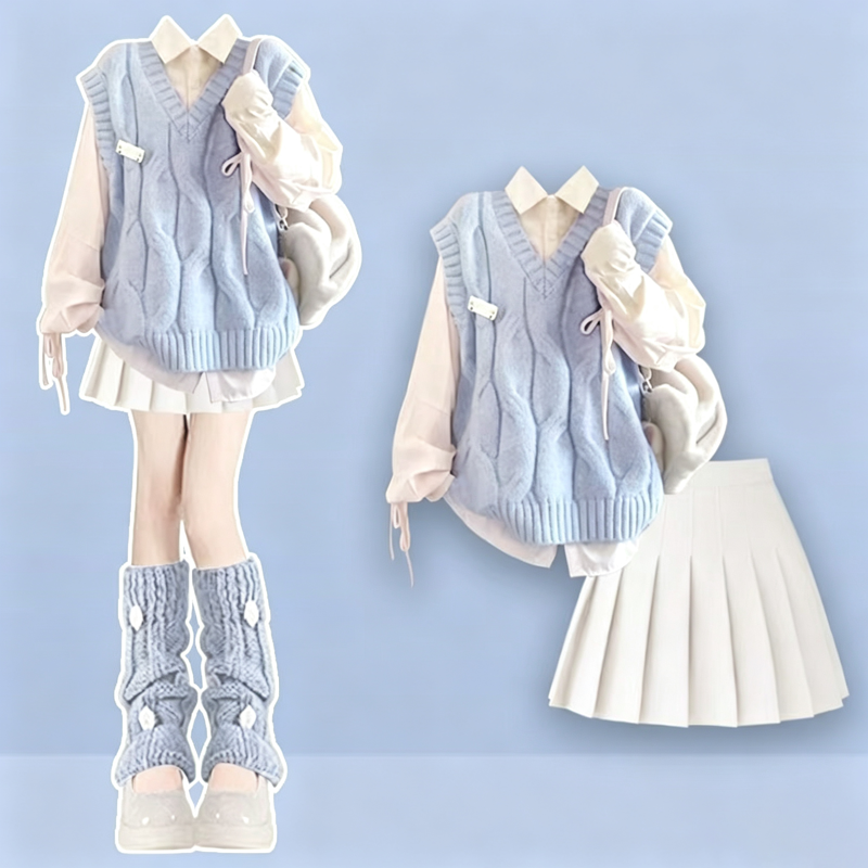 College Style Sailor Collar Sweatshirt Ruffled Tiered Skirt Three Piece Set - Set - 2XL - image 1