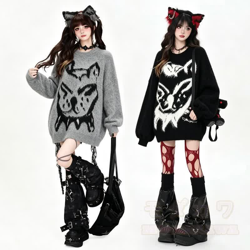 Vintage Casual Dog Pattern Loose Drop Shoulder Knit Sweater - image 1