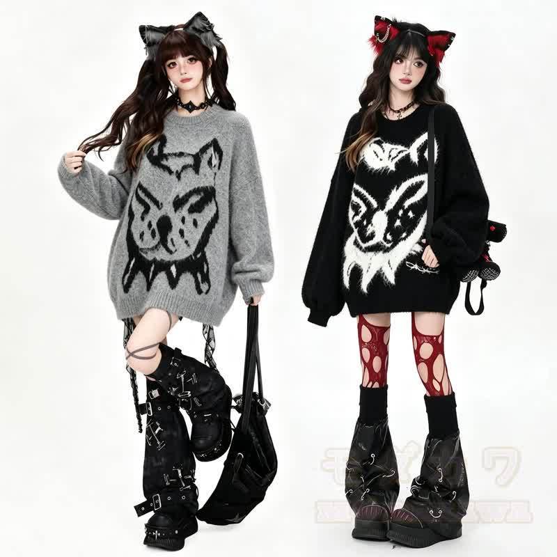 Vintage Casual Dog Pattern Loose Drop Shoulder Knit Sweater - image 1