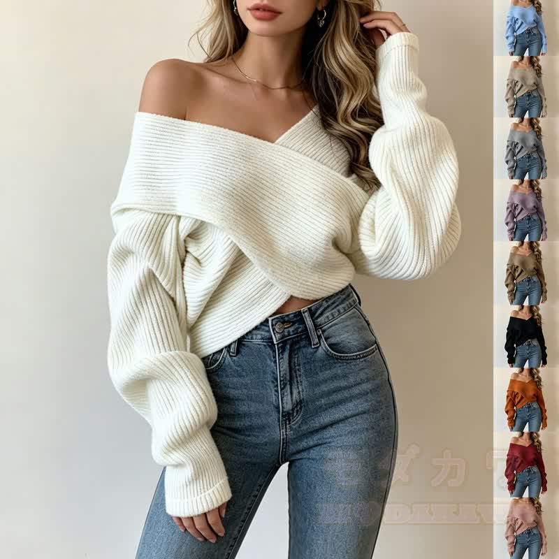 Cross Wrap Off Shoulder Irregular Loose Cropped Knit Sweater - image 1