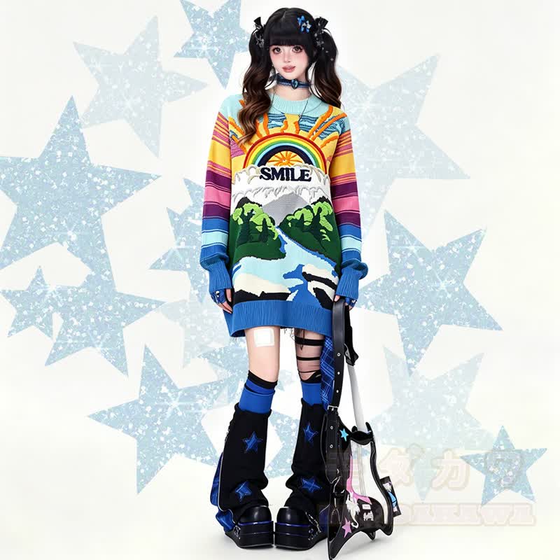 Vintage Rainbow Landscape Embroidery Loose Long Knit Sweater Dress - Blue - XL - image 1