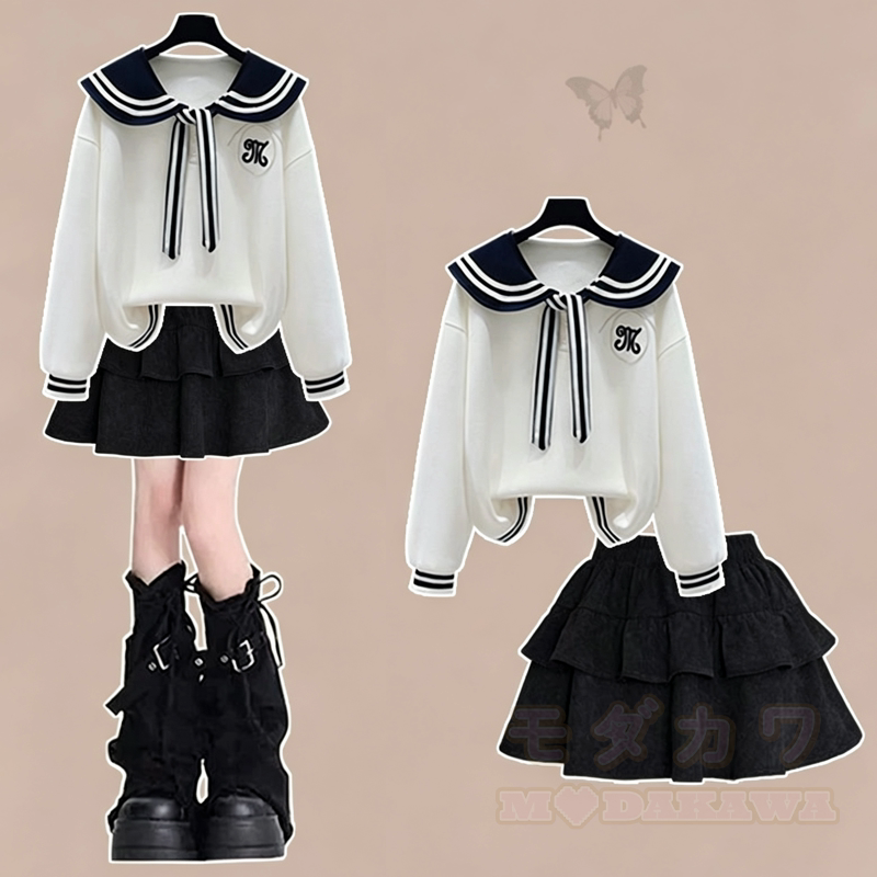 College Style Sailor Collar Sweatshirt Ruffled Tiered Skirt Two Pieces Set - White Set - XL - image 1