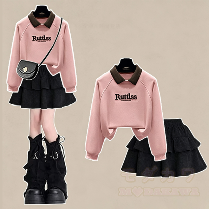 Polo Collar Letter Embroidered Sweatshirt Tiered Ruffle Skirt Two Pieces Set - Black Set - XL - image 1