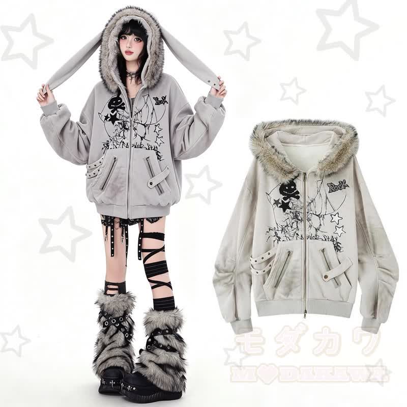 Vintage Distressed Bunny Ear Hooded Zip Up Sweatshirt Jacket - image 1