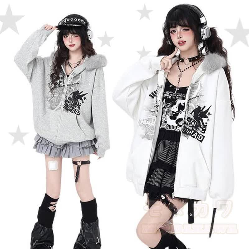 Vintage Graffiti Hooded Zip Up Oversized Sweatshirt Jacket - image 1