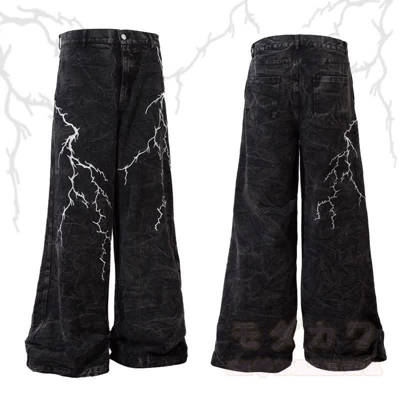 Vintage Lightning Embroidery Loose Wide Leg Denim Pants Unisex - Black - 3XL - image 1