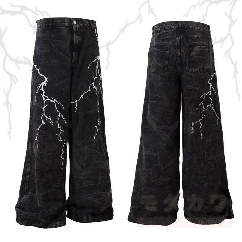 Vintage Lightning Embroidery Loose Wide Leg Denim Pants Unisex - Black - 3XL - image 1