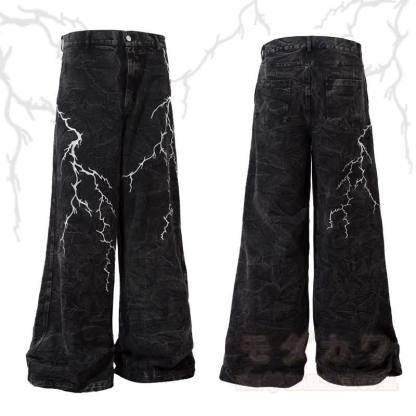 Vintage Lightning Embroidery Loose Wide Leg Denim Pants Unisex - Black - 3XL - image 1