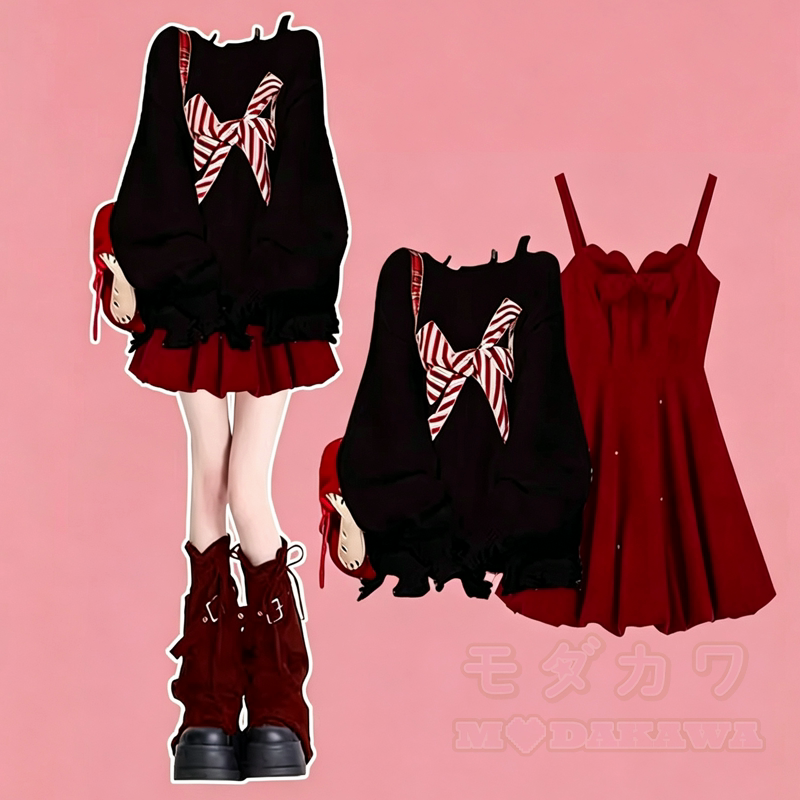 Sweet Bow Knit Sweater Lace‑Up Sleeveless Cami Dress Two Pieces Set  - Black Set - 3XL - image 1