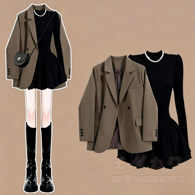 Vintage Coffee Blazer Black Swing Dress Two Pieces Set - Set - 4XL - image 1