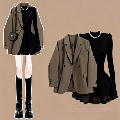 Vintage Coffee Blazer Black Swing Dress Two Pieces Set - Set - 4XL - image 1