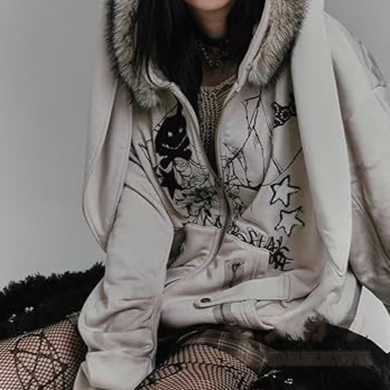 Vintage Distressed Bunny Ear Hooded Zip Up Sweatshirt Jacket - image 3
