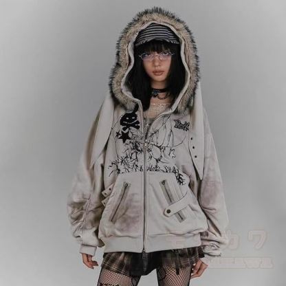Vintage Distressed Bunny Ear Hooded Zip Up Sweatshirt Jacket - image 2