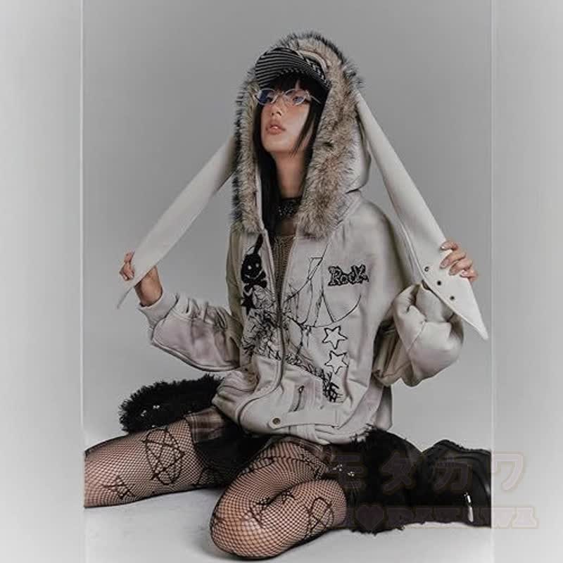 Vintage Distressed Bunny Ear Hooded Zip Up Sweatshirt Jacket - image 5