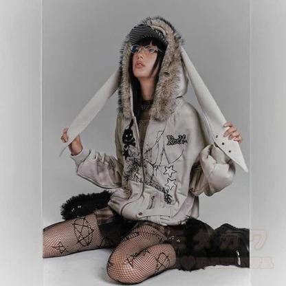 Vintage Distressed Bunny Ear Hooded Zip Up Sweatshirt Jacket - image 5