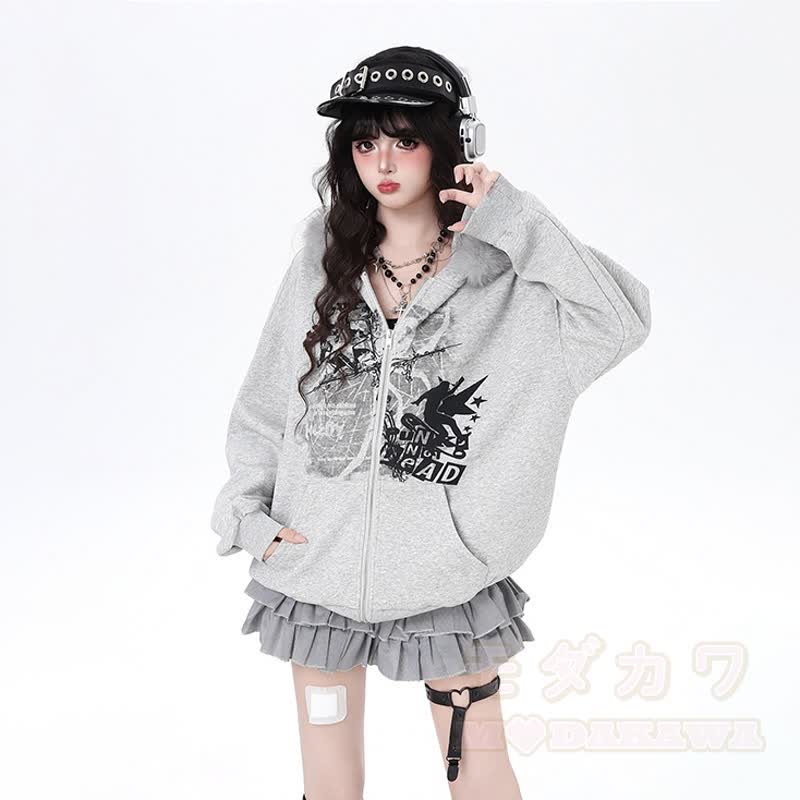Vintage Graffiti Hooded Zip Up Oversized Sweatshirt Jacket - image 2