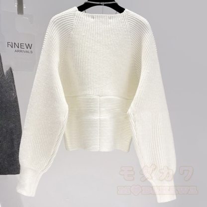 Cross Wrap Off Shoulder Irregular Loose Cropped Knit Sweater - image 3