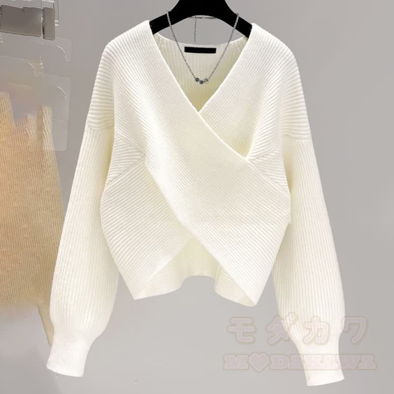 Cross Wrap Off Shoulder Irregular Loose Cropped Knit Sweater - image 2