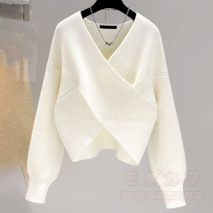 Cross Wrap Off Shoulder Irregular Loose Cropped Knit Sweater - image 2