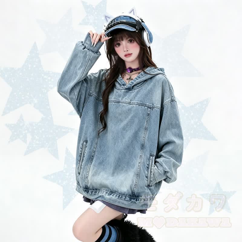 Vintage Washed Hooded Oversized Loose Denim Jacket  - image 2