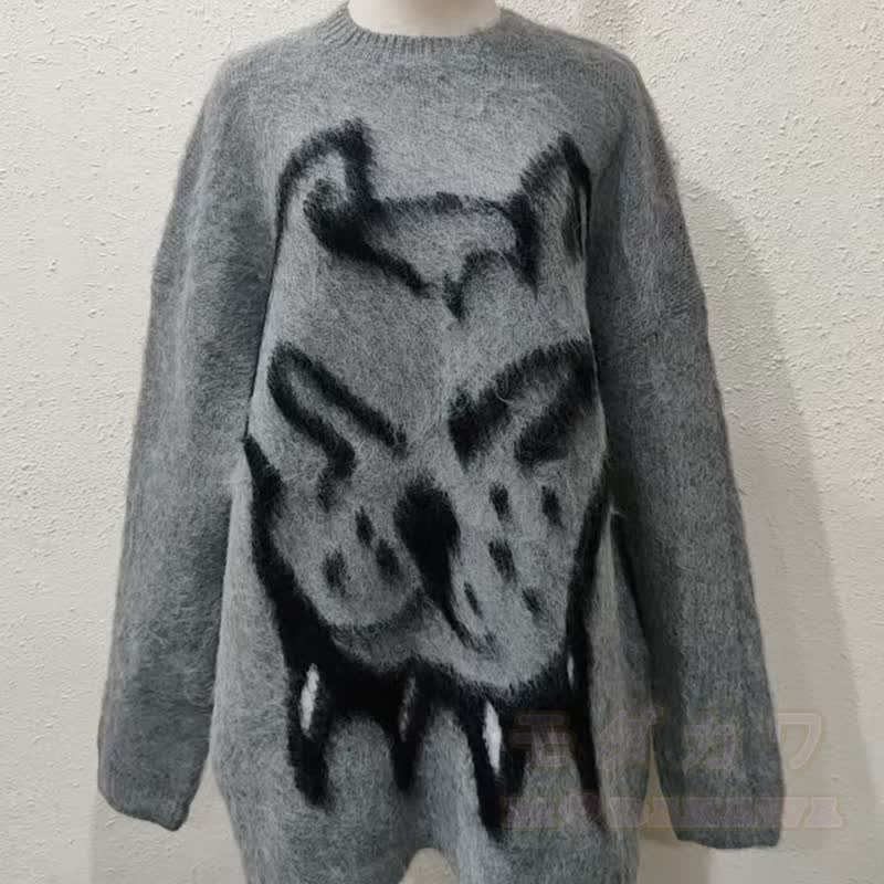 Vintage Casual Dog Pattern Loose Drop Shoulder Knit Sweater - Grey - XL - image 5