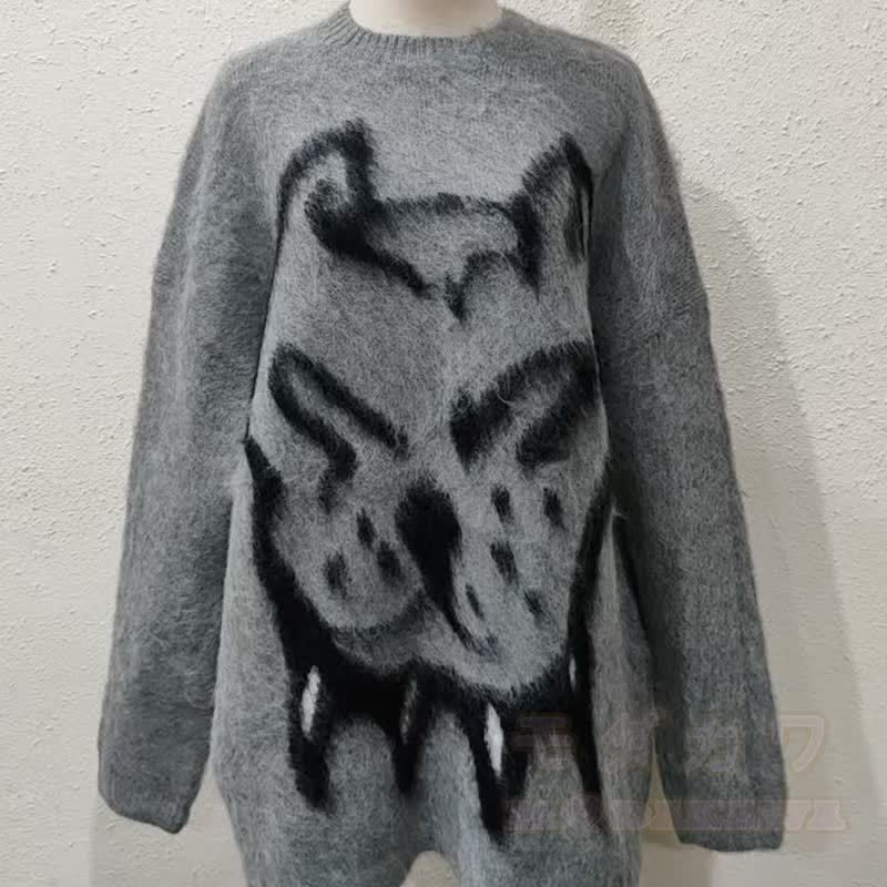 Vintage Casual Dog Pattern Loose Drop Shoulder Knit Sweater - Grey - XL - image 5