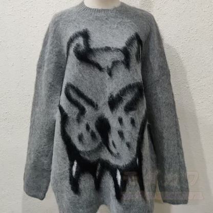 Vintage Casual Dog Pattern Loose Drop Shoulder Knit Sweater - Grey - XL - image 5