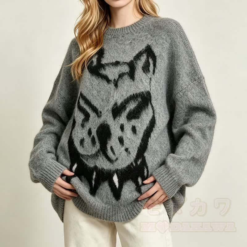 Vintage Casual Dog Pattern Loose Drop Shoulder Knit Sweater - image 3
