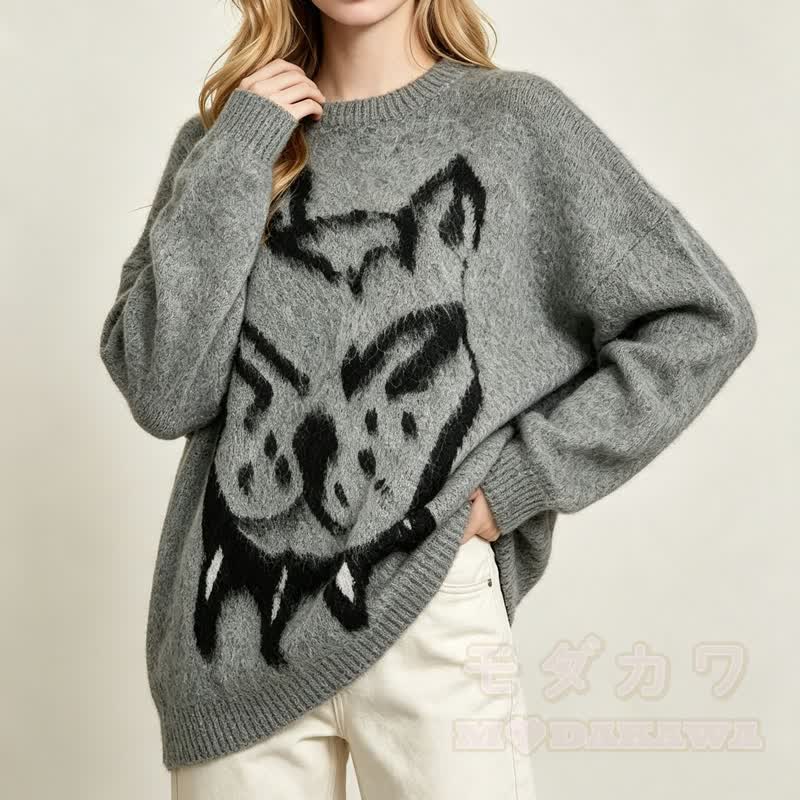 Vintage Casual Dog Pattern Loose Drop Shoulder Knit Sweater - image 2