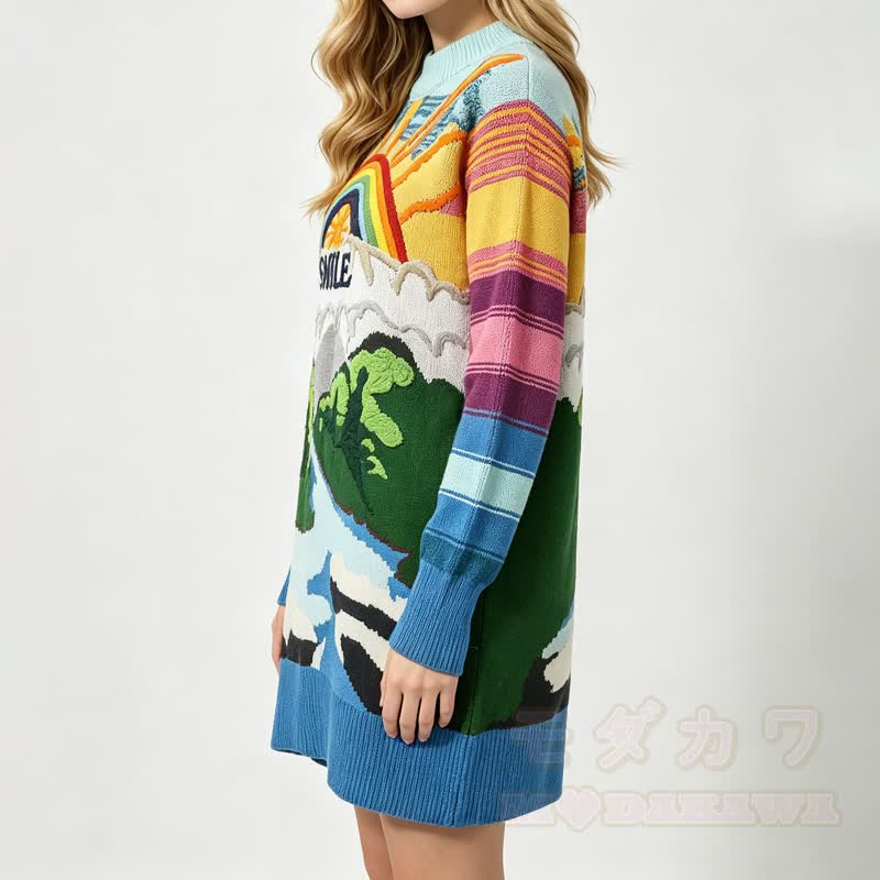 Vintage Rainbow Landscape Embroidery Loose Long Knit Sweater Dress - image 2