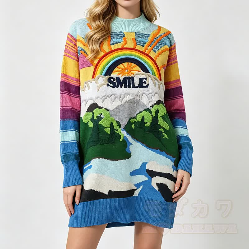 Vintage Rainbow Landscape Embroidery Loose Long Knit Sweater Dress - image 4