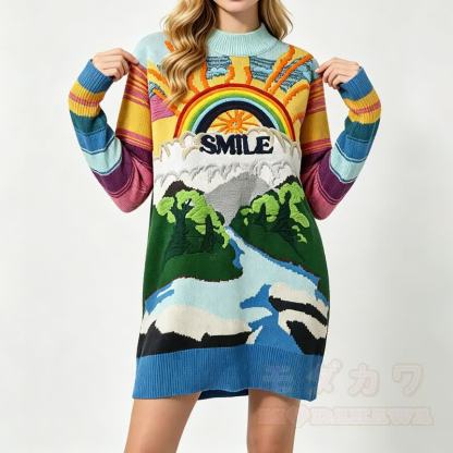 Vintage Rainbow Landscape Embroidery Loose Long Knit Sweater Dress - image 3