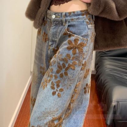 Vintage Floral Print High Waist Loose Wide Leg Denim Jeans - image 4