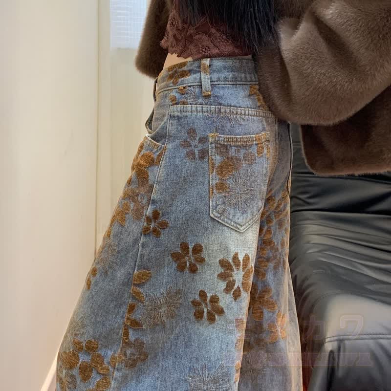 Vintage Floral Print High Waist Loose Wide Leg Denim Jeans - image 3
