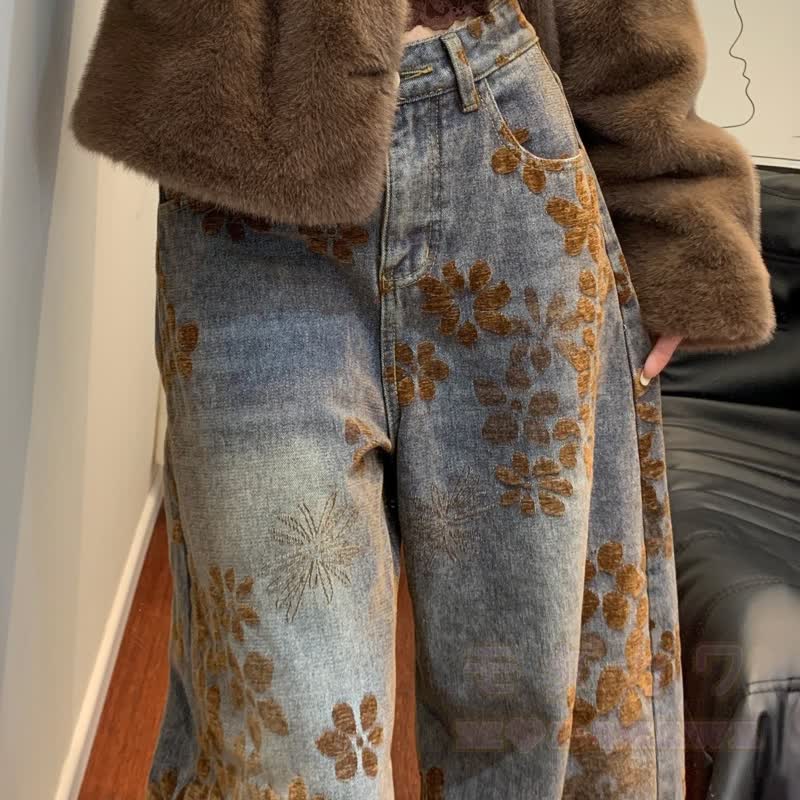 Vintage Floral Print High Waist Loose Wide Leg Denim Jeans - image 2