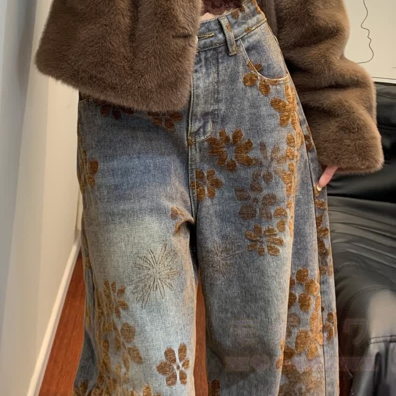 Vintage Floral Print High Waist Loose Wide Leg Denim Jeans - image 2