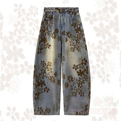 Vintage Floral Print High Waist Loose Wide Leg Denim Jeans - Blue - XL - image 1