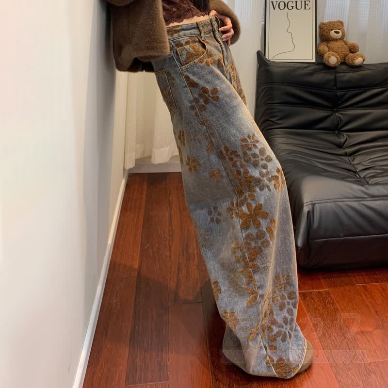 Vintage Floral Print High Waist Loose Wide Leg Denim Jeans - image 5