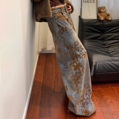 Vintage Floral Print High Waist Loose Wide Leg Denim Jeans - image 5