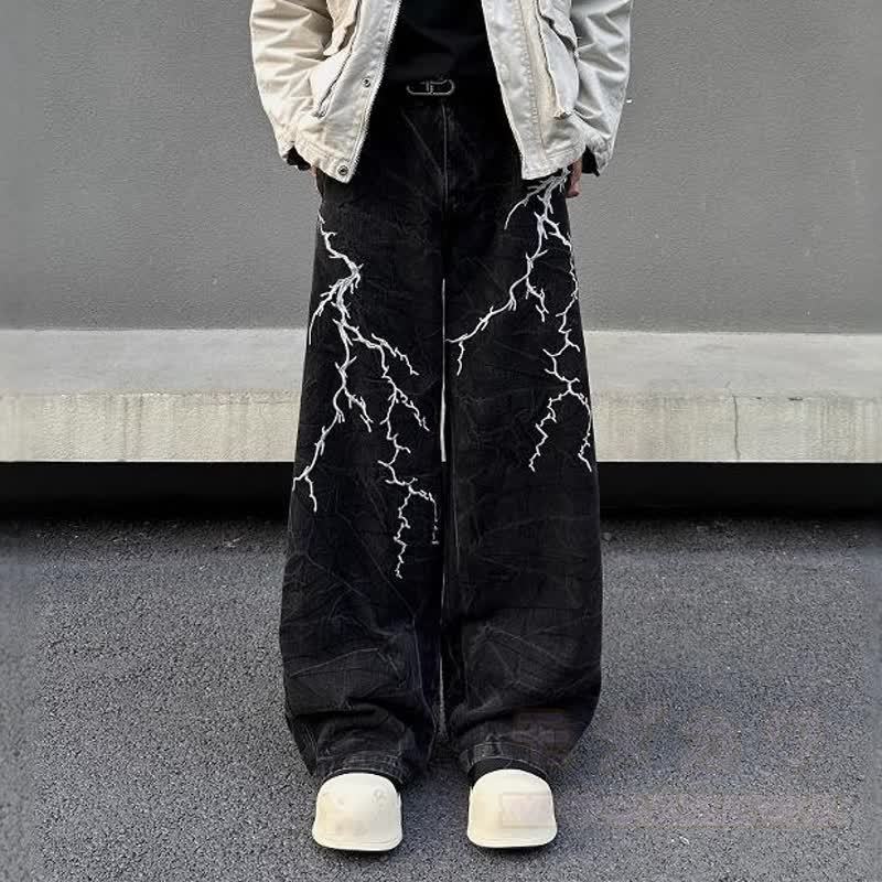 Vintage Lightning Embroidery Loose Wide Leg Denim Pants Unisex - image 2