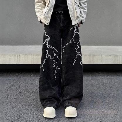 Vintage Lightning Embroidery Loose Wide Leg Denim Pants Unisex - image 2