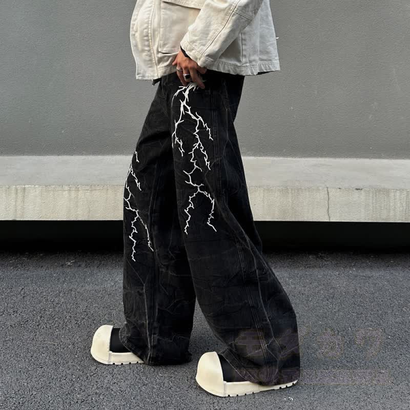 Vintage Lightning Embroidery Loose Wide Leg Denim Pants Unisex - image 3
